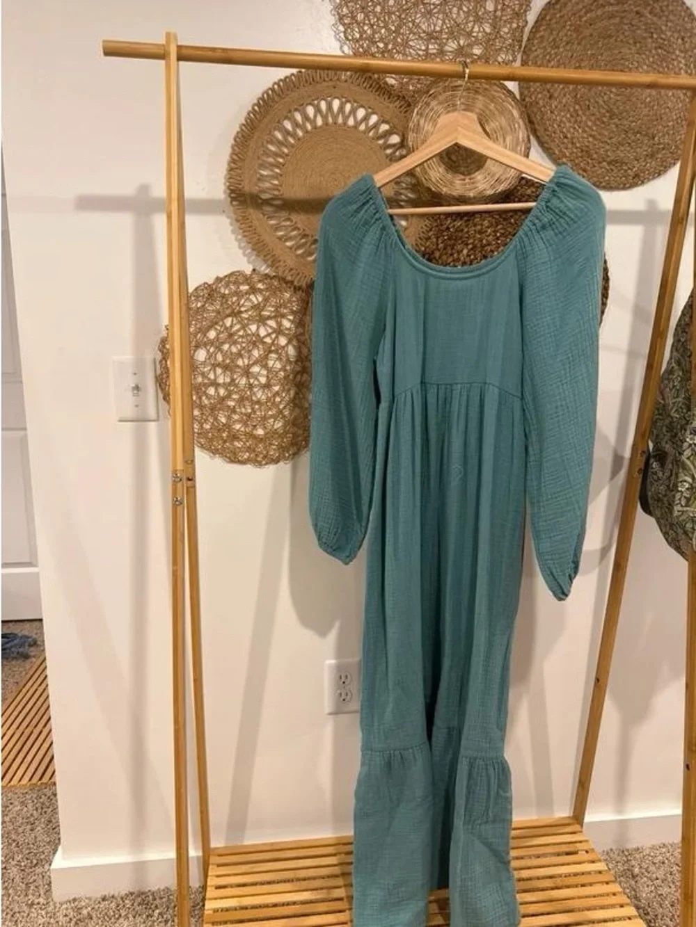 Teal Long-Sleeve Maxi Dress with Gathered Waist